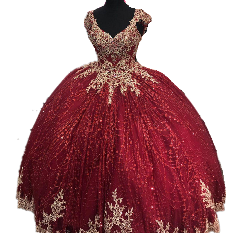 Luxury Shiny Burgundy Sequins Quinceanera Dresses With Gold Appliques Beads V-neck vestidos de 15 años Girls Cape Glitter Sweet 16 Dresses Prom Gradua
