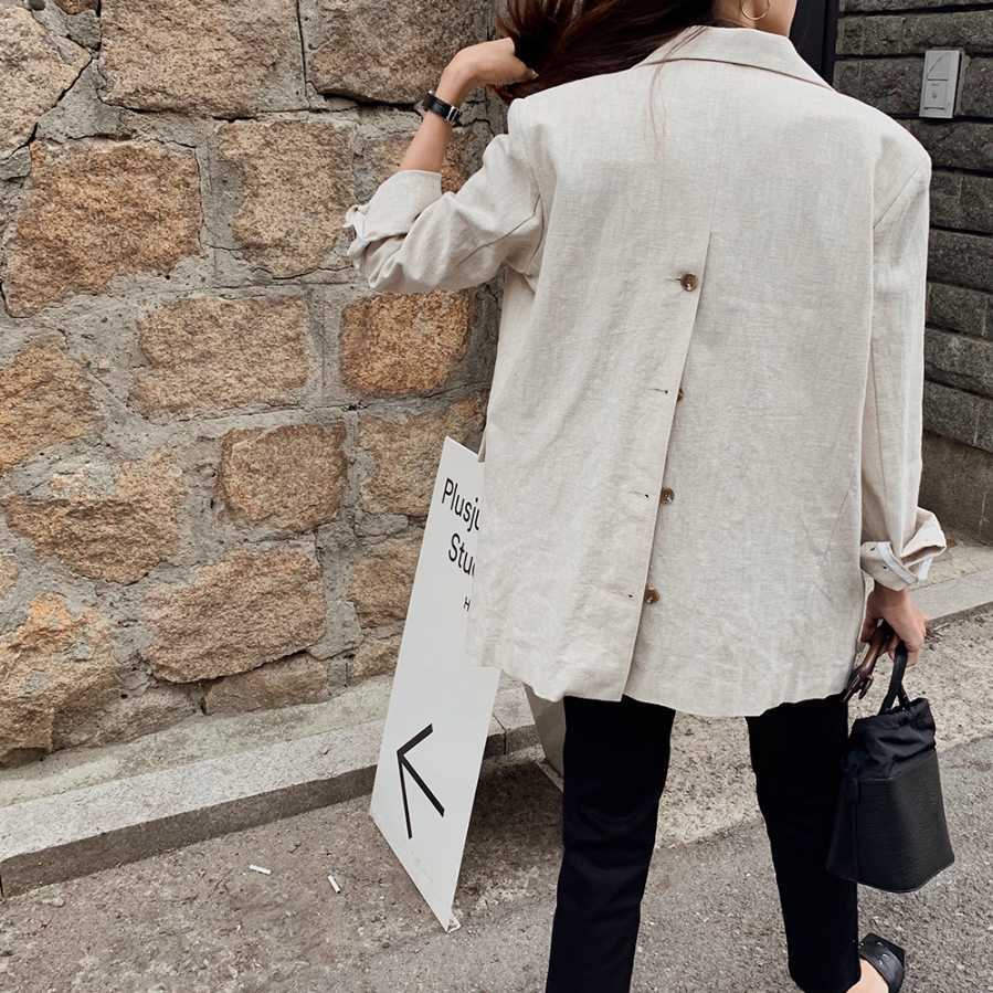 Qooth Women Solid Blazer Korean Ins Retro Lapel Slim Back Split Button All-match Loose Thin Suit Cropped Jacket Female QT129 210609