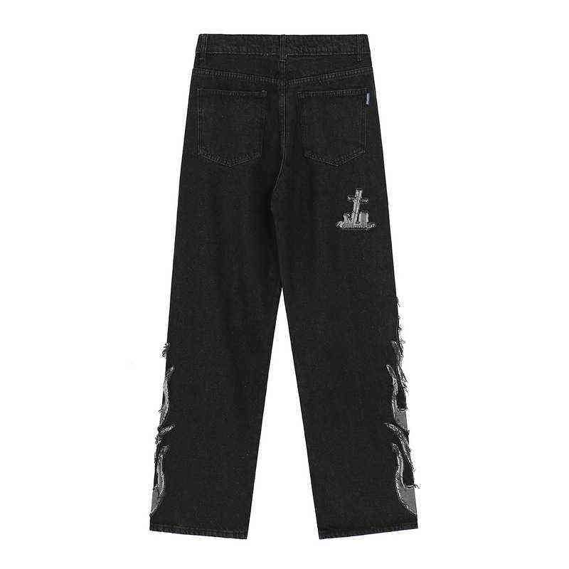 IEFB High Street Fashion Skull Embroidery Splicing Straight Tube Wide Leg Pants Men's Hip Hop Loose Black Jeans Trousers 211111