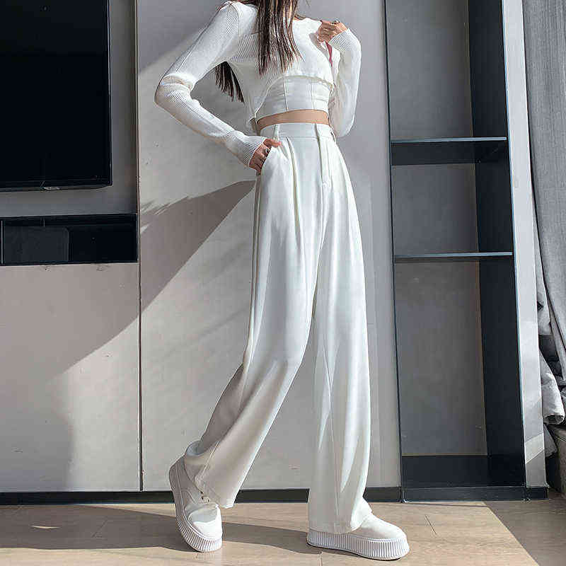 Casual High Waist Loose Wide Leg Pants for Women Spring Autumn Female Floor-Length White Suits Ladies Long Trousers 211115