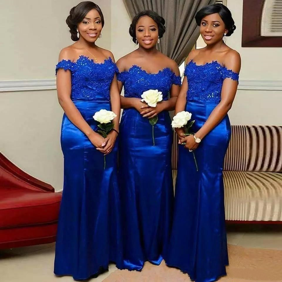 Royal Blue Bridesmaid Dresses Plus Size Lace Appliques Wedding Guest Dress For Black Girls Off Shoulder Mermaid Maid Of Honor Gown Custome