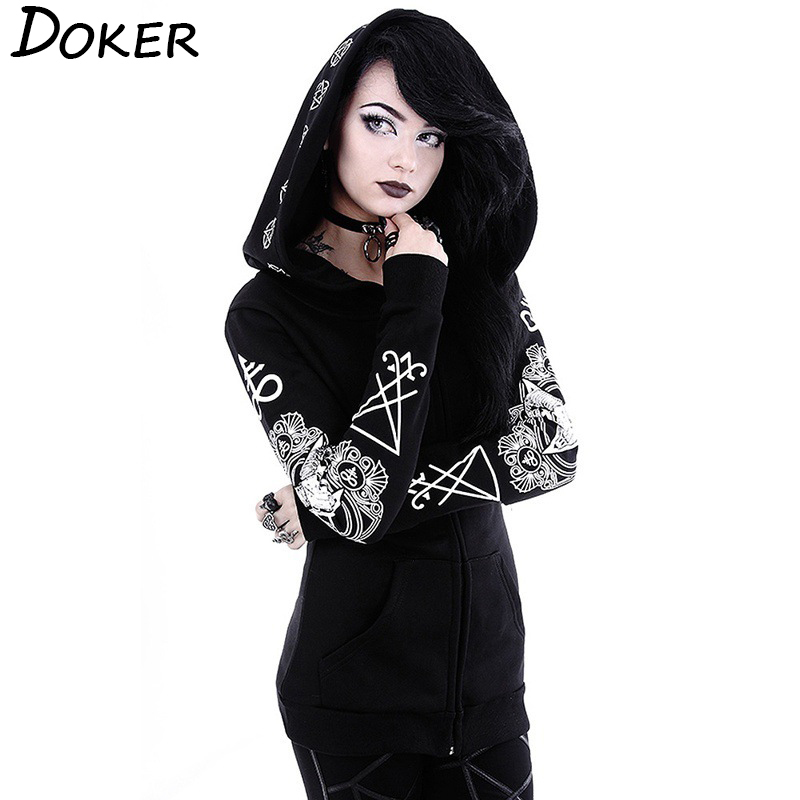 5XL Gothic Punk Print Hoodies Sweatshirts Women Long Sleeve Black Jacket Zipper Coat Autumn Winter Female Casual Hooded Tops 200924