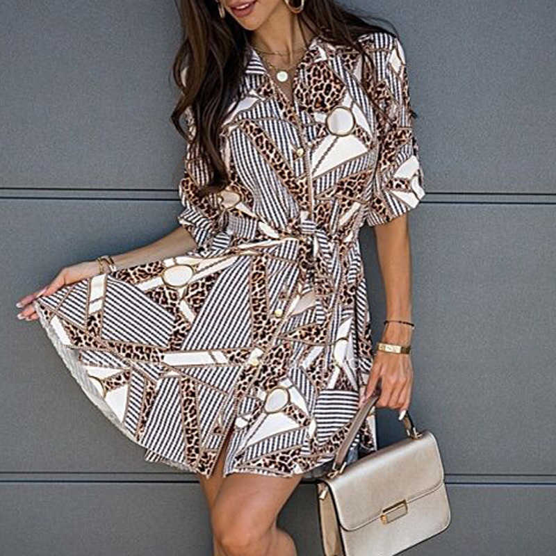 Style Vintage Chains Plaid Print Dresses Office Lady Turn-Down Collar Elegant Dress Casual 3/4 Sleeve Sashes Slim Mini 210630