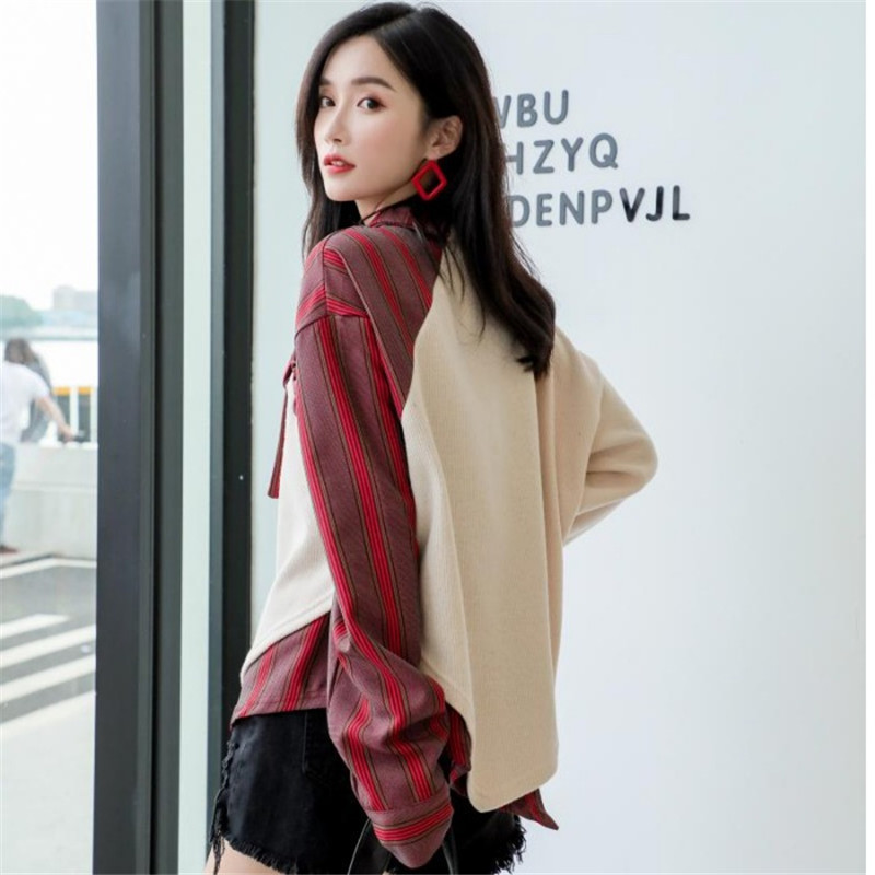 Women spring new hit color striped cotton sweatshirt female crewneck irregular tops ladies bandage sweats T200407