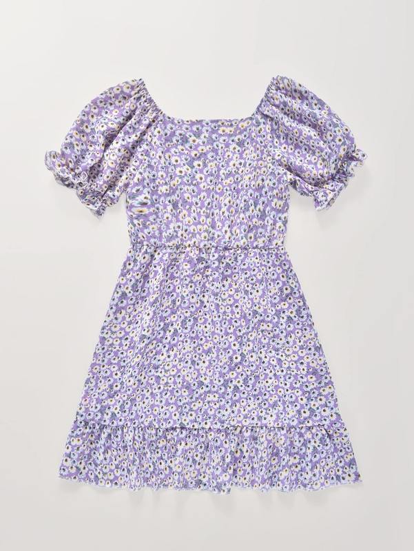 Girls Ditsy Floral Puff Sleeve Ruffle Hem Dress SHE01