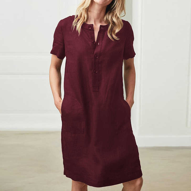 Women Short Sleeve Button Cotton Linen Summer Dress Oversize Loose Casual Breasted Pocket Solid Midi Straight Dresses Femme 210526