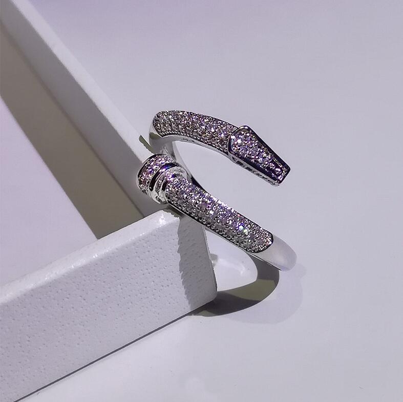 Sparkling Luxury Jewelry 925 Sterling Silver Classical 925 Sterling Silver Open Ring Pave White Sapphire Women Nai Wedding Adjustable Ring