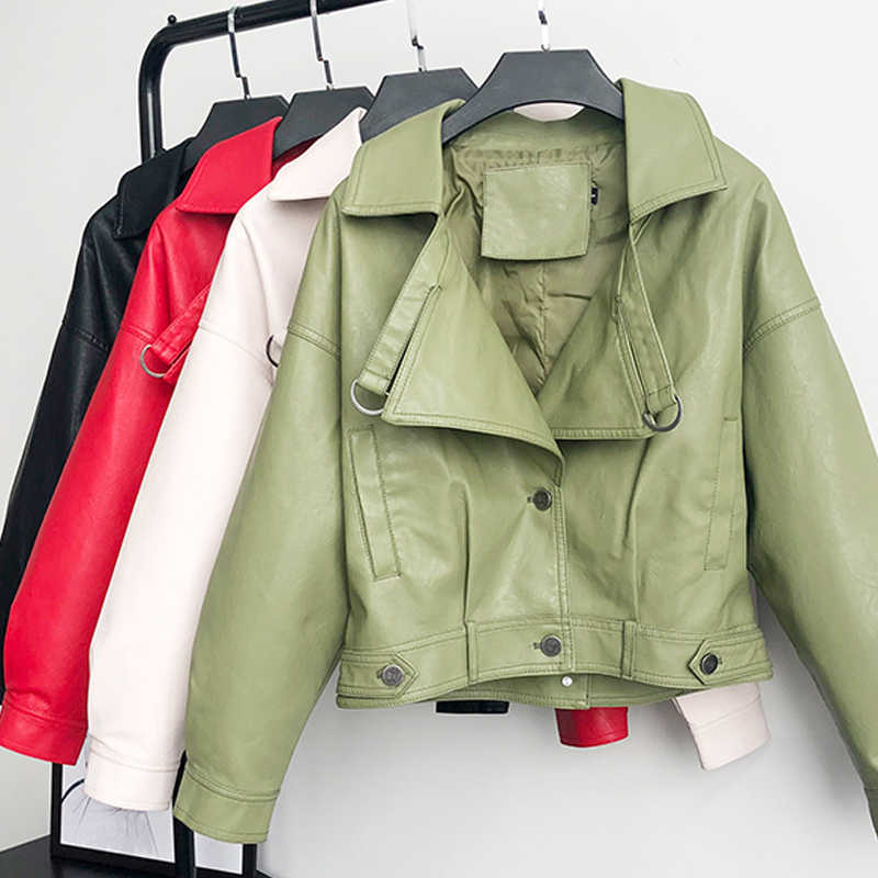 Autumn Faux Leather Jacket Women Loose Turndown Collar Ladies Biker Punk Jackets Single Breasted Motorcycle Leather Coats 210908