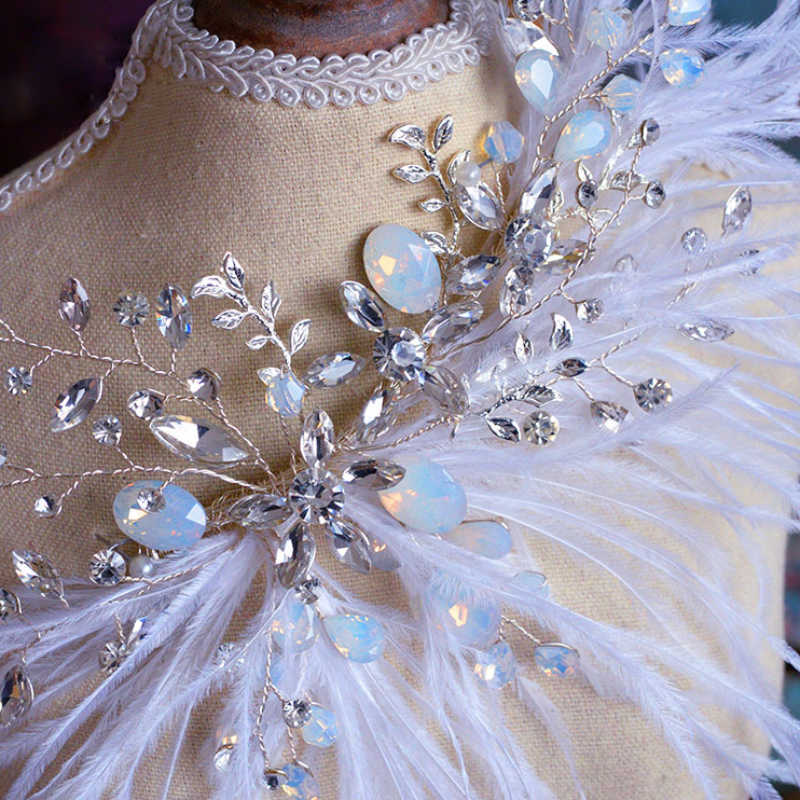 White Feather Headband Tiara Fashion Crystal Hair Clip Wedding Bridal Accessories Ornaments For Bride Party Headpiece 210707