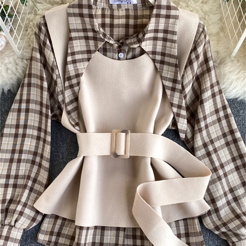 new fashion women's clothing Full Plaid Turn-down Collar shirts shirt and blouse Two-piece vest 210225