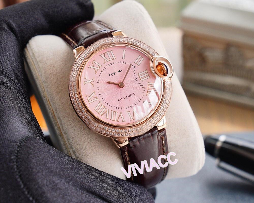 Fashion Women Stainless Steel cz diamonds roman Number Wrist watch waterproof pink dial female Automatic Mechanical Watch 36mm