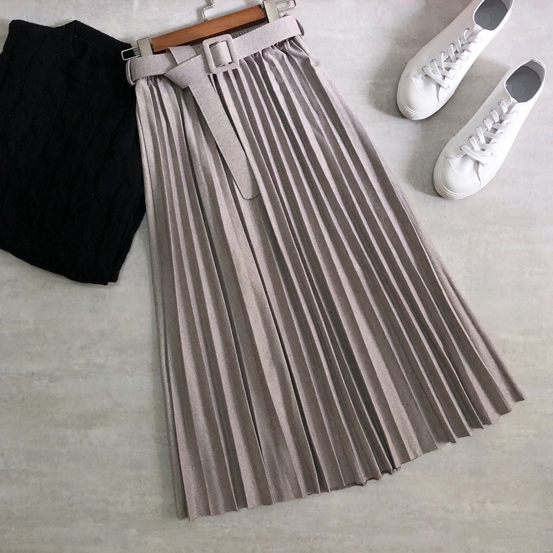 Autumn Winter korean High Waist Skirt Woolen with belt Pleated Skirt Thickened Woolen Herringbone A line Skirt women 210306