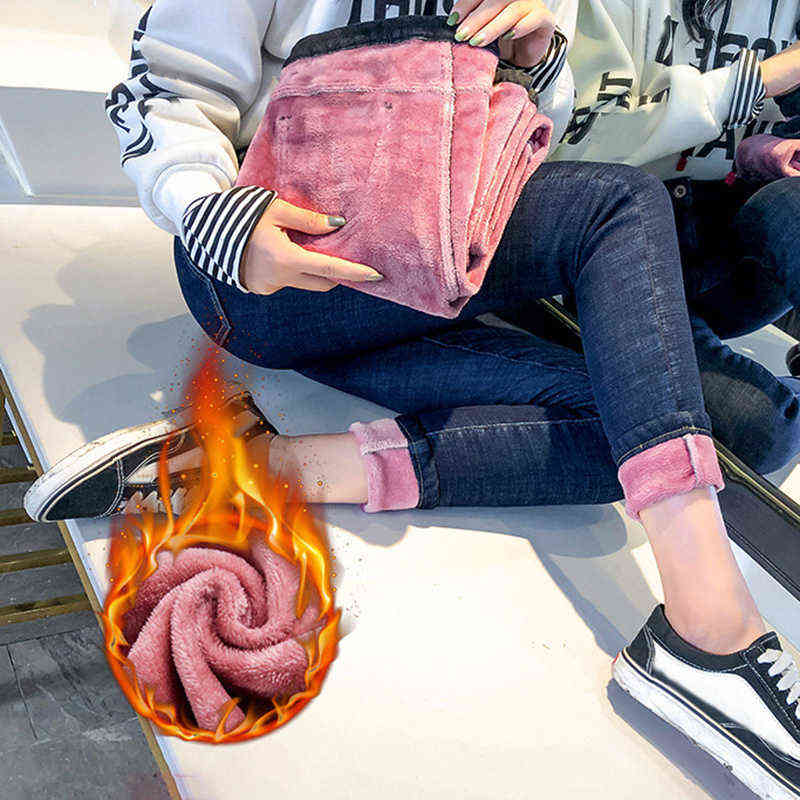 Woman Pants Fashion Women Girls Thermals Fleece Denim Leggings Warm Slim Stretch Trousers Jeans Mujer Pantalones 211129