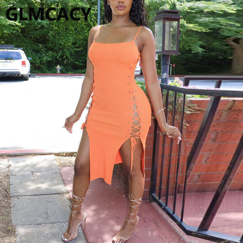 Spaghetti Strap Side Lace Up Bodycon Mini Dress Sexy Party Club Dress 210702