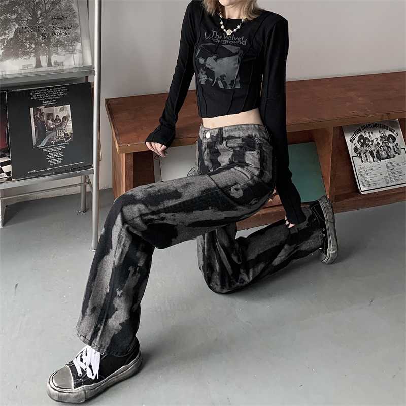 Yedinas Tie Dye Denim Pants Women Wide Leg Jeans High Waist Black Gothic Trousers Jean Boyfriend Femme 90s Streetwear 210527