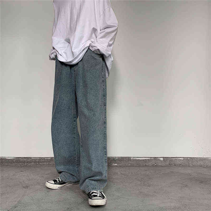 Korean Style Loose Wide Leg Jeans For Men Blue Baggy Denim Pants Kpop Clothes Fashion Jeansy Ulzzang Cargo Jeans Male 211120