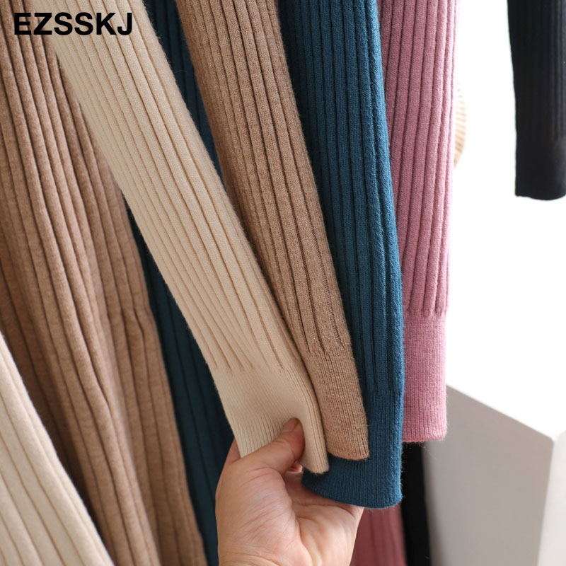 elegant Long sleeve OL O-neck long Sweater dress women Thick knit Autumn Winter dress female Slim A-line basic dress casual 210222