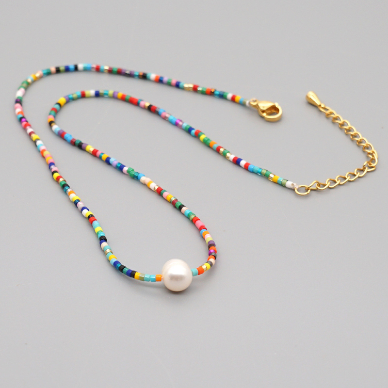 Colorful Design Glass Beaded Pearl Charm Necklace Bohemian Style Women Jewelry