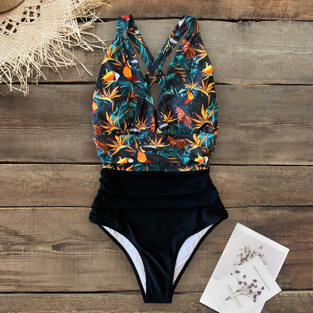 Green In The Forest Swimsuit Women Deep V neck Back Cutout Ruffle Monokini Summer Bathing Suit Swimwear 210702