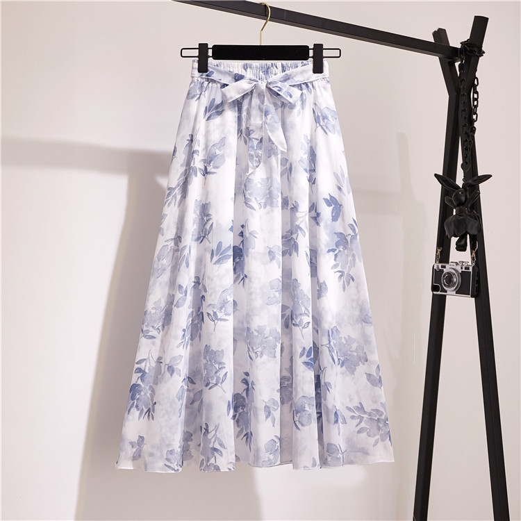 Summer Bohemian Chiffon Skirt Lady Korean Style Printing Sun School High waisted Elegant beach skirt Midi Skirt Female 210415