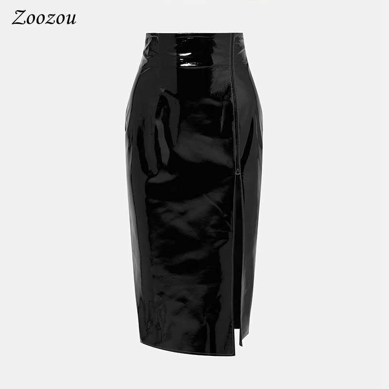 Sexy Black Split Side Patent Leather Pencil Skirt Women's High Waist Knee Length Elegant Office Lady's Latex Custom 210619
