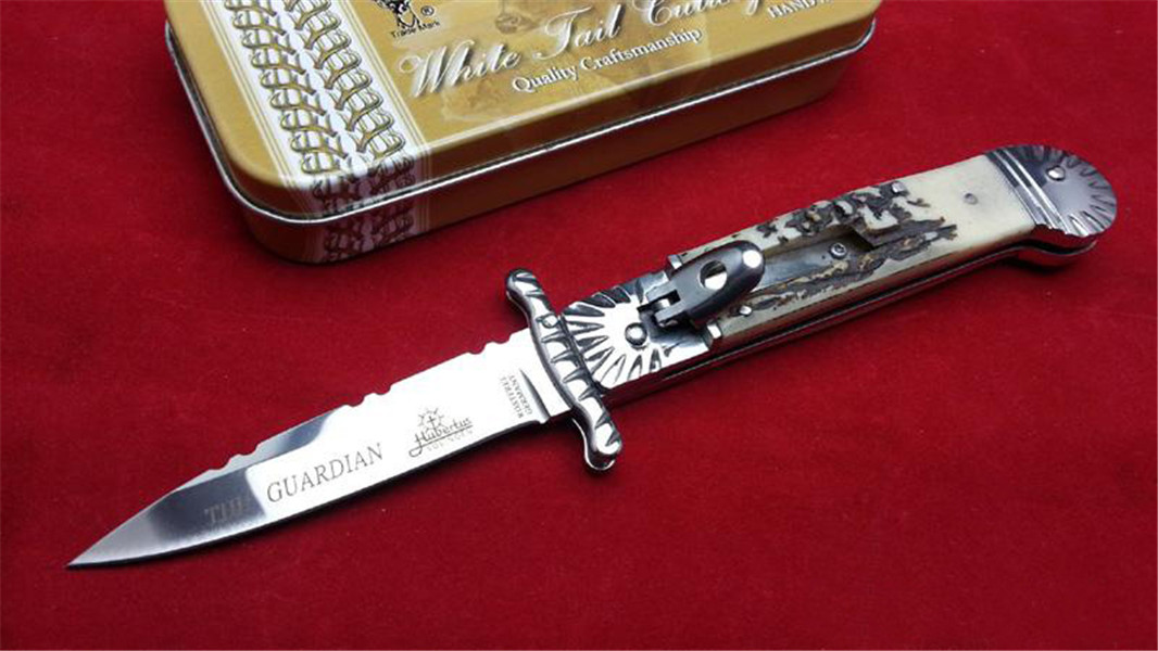 

The Hubertus Solingen Patron guardian Horizontal knife Single Action automatic Knives Antler handle Kitchen edc 9 Inch Tools
