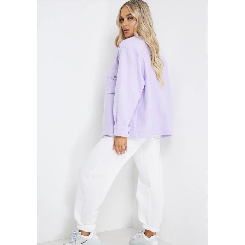 Purple Demi-Season Solid Jacket Shirt Pockets Coat With Buttons Female Autumn Ladies Black Trend Overcoat Black Turn-down Collar