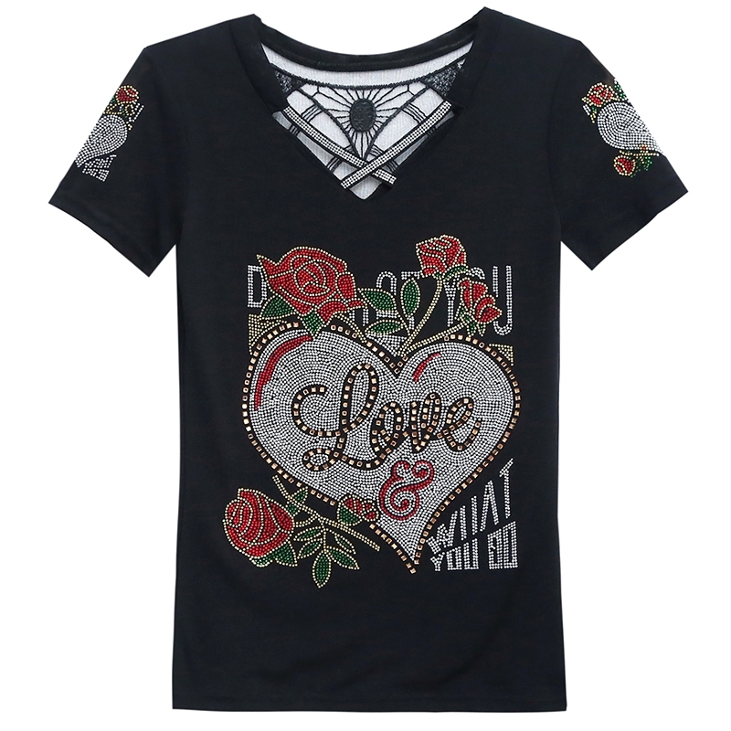 Summer Fashion Korean Clothes T-shirt Sexy Hollow Out Diamonds Letter Rose Women Tops Ropa Mujer Patchwork Mesh Tees T06633 210306