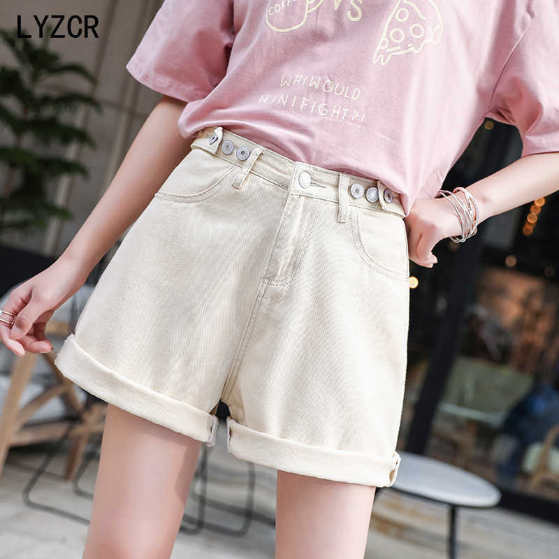 LYZCR Women's Jeans Shorts with High Waist Ladies Summer Wide Leg Denim Short Loose Casual Button 210714