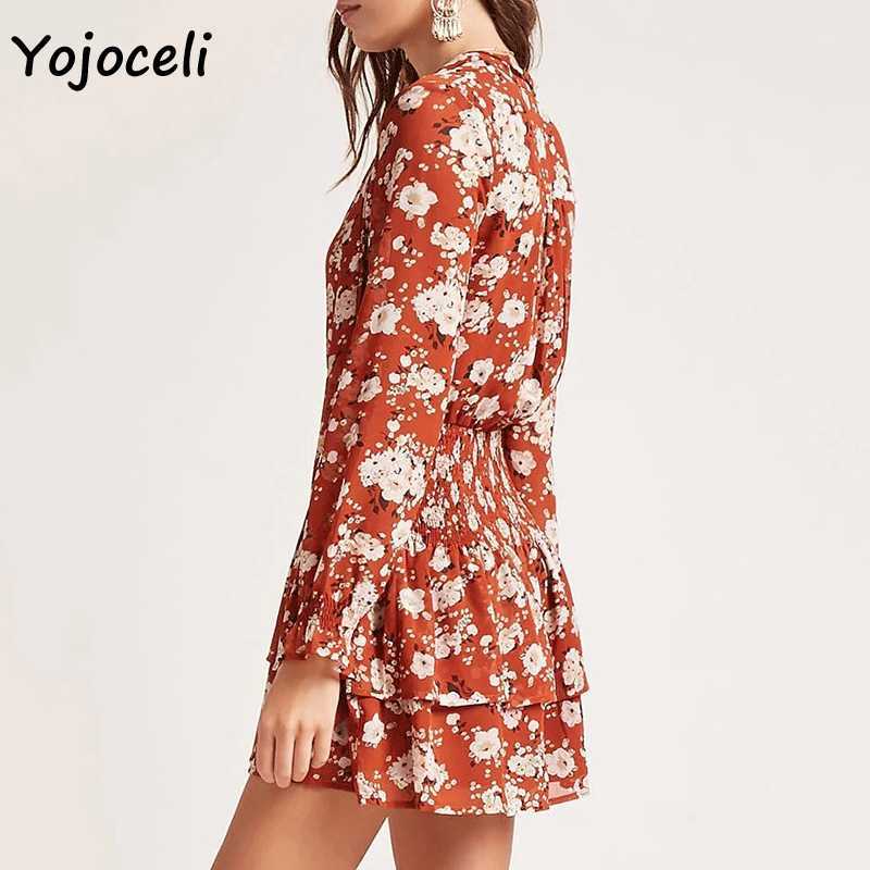 Yojoceli floral print v neck bow dres spring shirred boho beach mini 210609