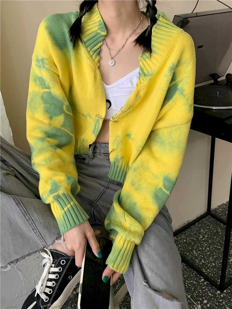 sweaters women cardi autumn winter avocado green knitted cardigan women's short clavicle shirt tie-dye sweater pullover thin 210526