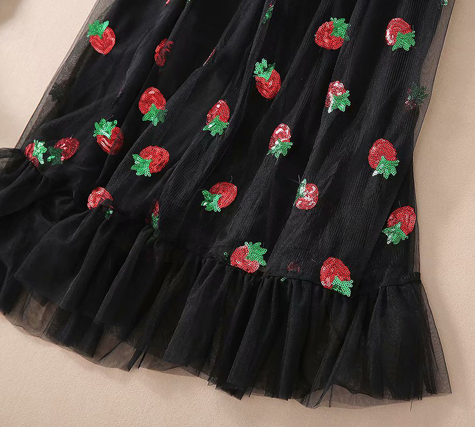 LA.TENDRE Black Strawberry Dress Woman Puff Sleeve Mesh Long Dress Lace Up Strawberries Plus Size Black Dresses Women Party 210303