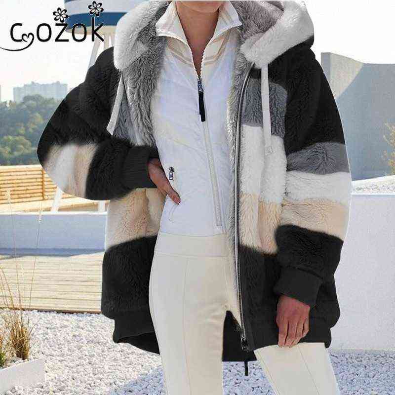 5XL Women Hooded Jacket Warm Plush Casual Loose Hooded Coat Mixed Color Patchwork Winter Outwear Zipper Ladies Coat 220112