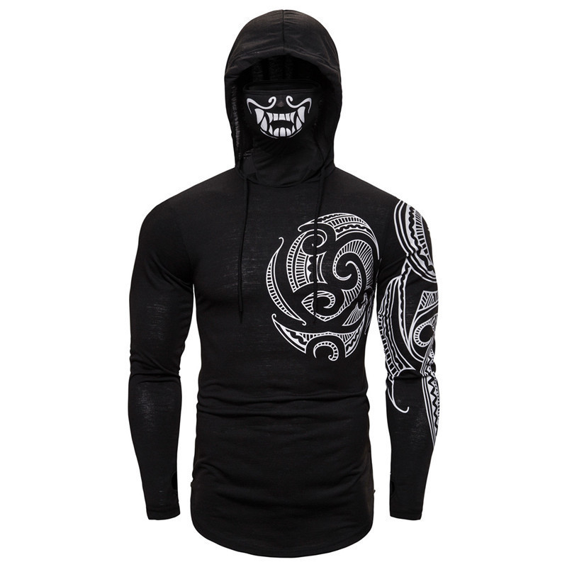 Long Sleeve Men's Hoodies with Print Mask Black Gray Elasticity Coat Moto Biker Style Cool Sweatshirts Men Thin Hoodies 201020