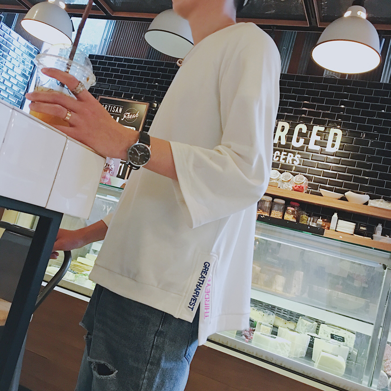 M 5XL New Mens fashion Seven long sleeved T shirt sleeve side slit solid color plus size round neck T shirt costumes T200224