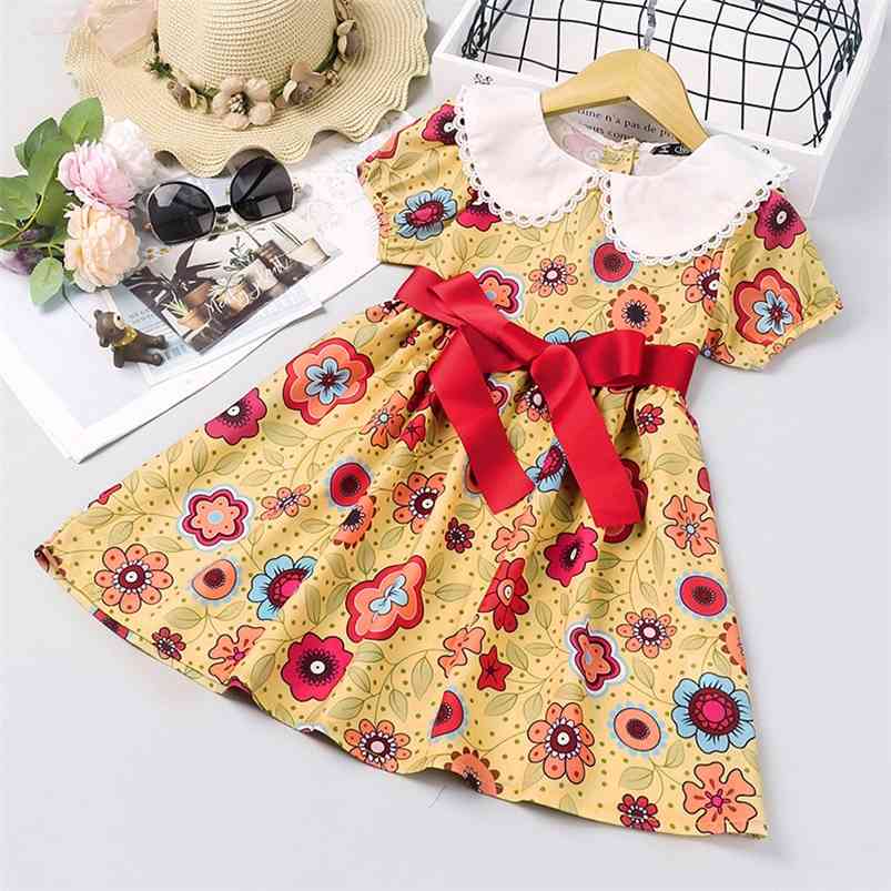

Summer Arrivals Girls Dress Short Sleeve Peter Pan Collar Print Floral Red Sashes Cute Street Wear 18M-6T 210629, Yellow