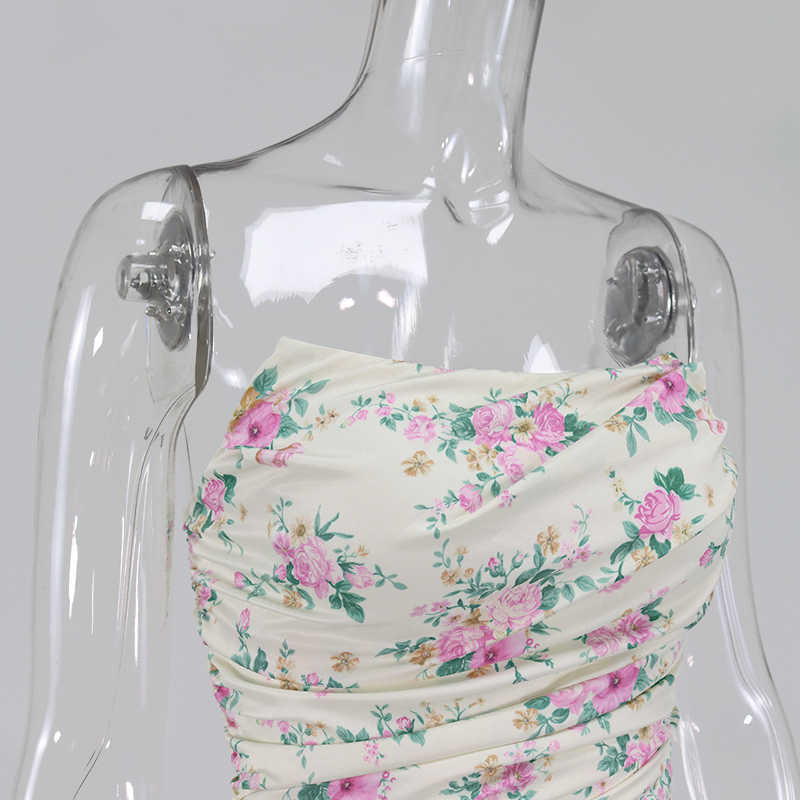 Colysmo Boned Tube Tops Women Strapless Ruched Floral Corset Sexy Club Wear Crop Summer Elasticity Print Tank 210527