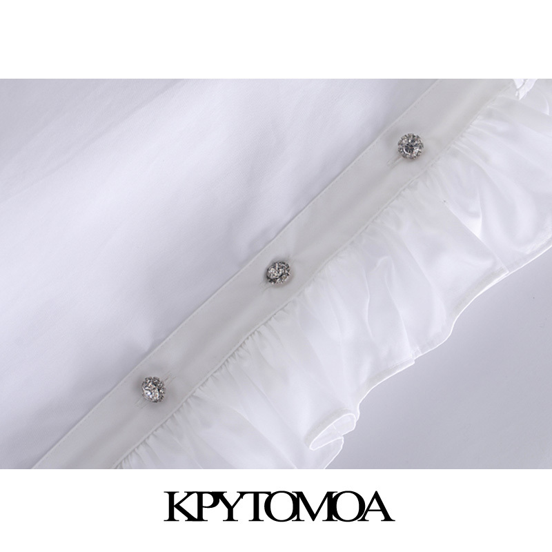 Vintage Sweet Jewelled Buttons Ruffles Blouses Women Fashion High Collar Long Sleeve Female Shirts Blusas Chic Tops 210225