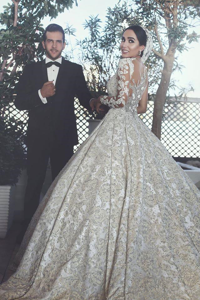 Gorgeous Sheer Long Sleeves Wedding Dresses Saudi Arabia Mor Beaded Plus Size Chapel Train Bridal Party Gowns Robe De Marriage 0226Lz