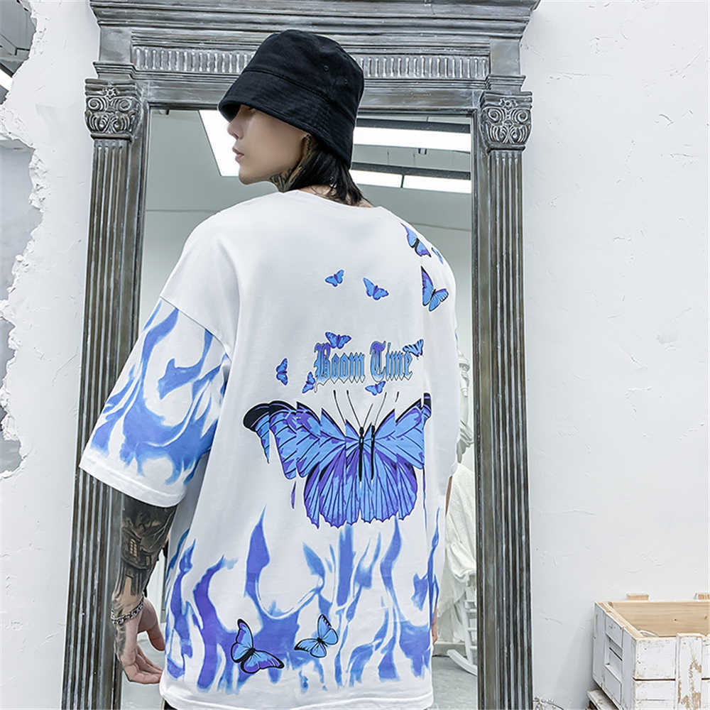 Men's T-shirt Butterflies In Flame Printed Short Sleeve Hip Hop Oversized Cotton Casual Harajuku Streetwear Tops Tee T-shirts 210601