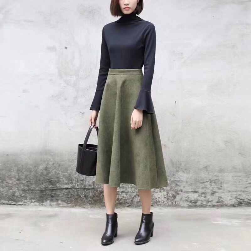 Neophil Women Suede High Waist Midi Skirt Winter Vintage Style Elastic Ladies A Line Black Green Flare Fashion Skirt S29A4 210306