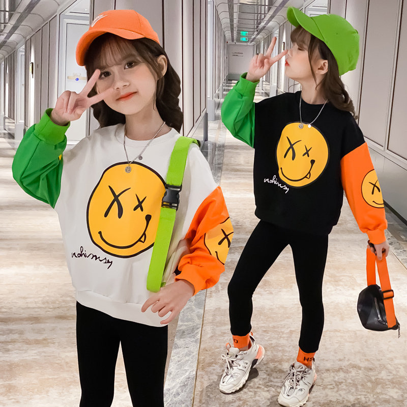 2021 Fall Clothes Baby Girls Standard Smile Printed Letter Hoodies Top Leggings 2's New Outfits Sweater 5edg