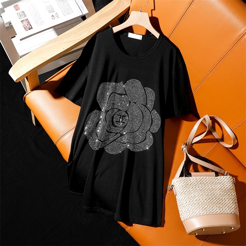 Summer new fashion Loose plus size short-sleeve T-shirt for women casual personality Flowers pattern hot diamond female tops 210306