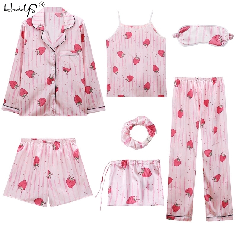 Women 7 Pieces Pajamas Sets Stripe Printing Satin Silk Pajamas Women's Sleepwear Lovely Home Clothing Long And Short Pijama 210203