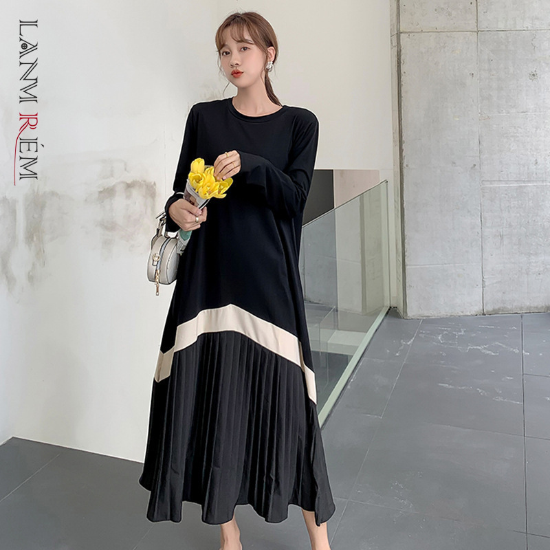 Spring Line Pattern Pleated Round-neck Short Sleeve Korean Style Casual Mid-calf Length Dress For Women 2A3009 210526