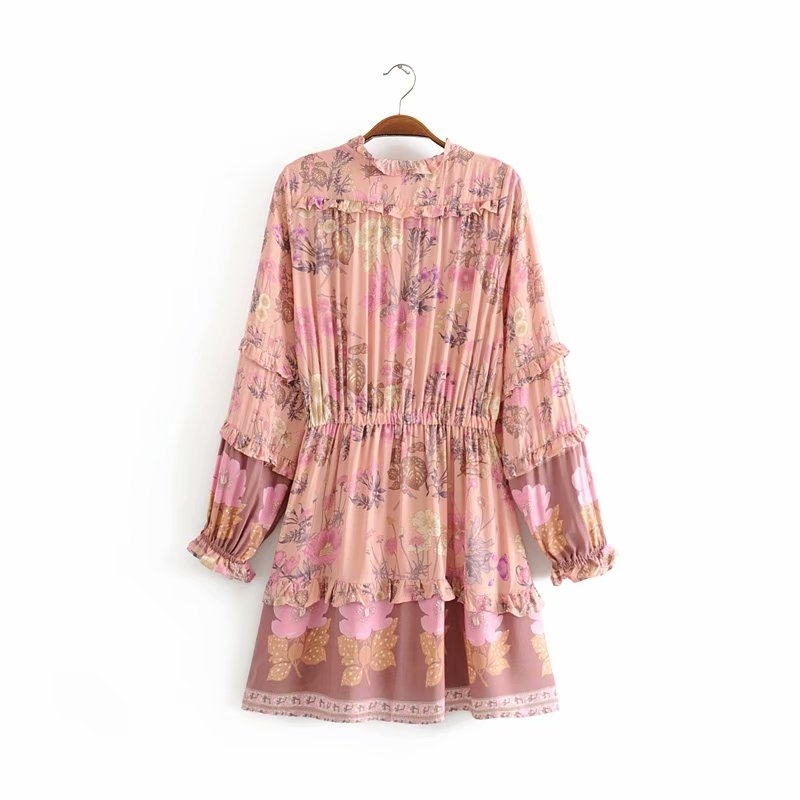 Vintage chic women floral print long sleeve v-neck ruffles beach Bohemian dress tassel rayon mini Boho dress vestidos T200320