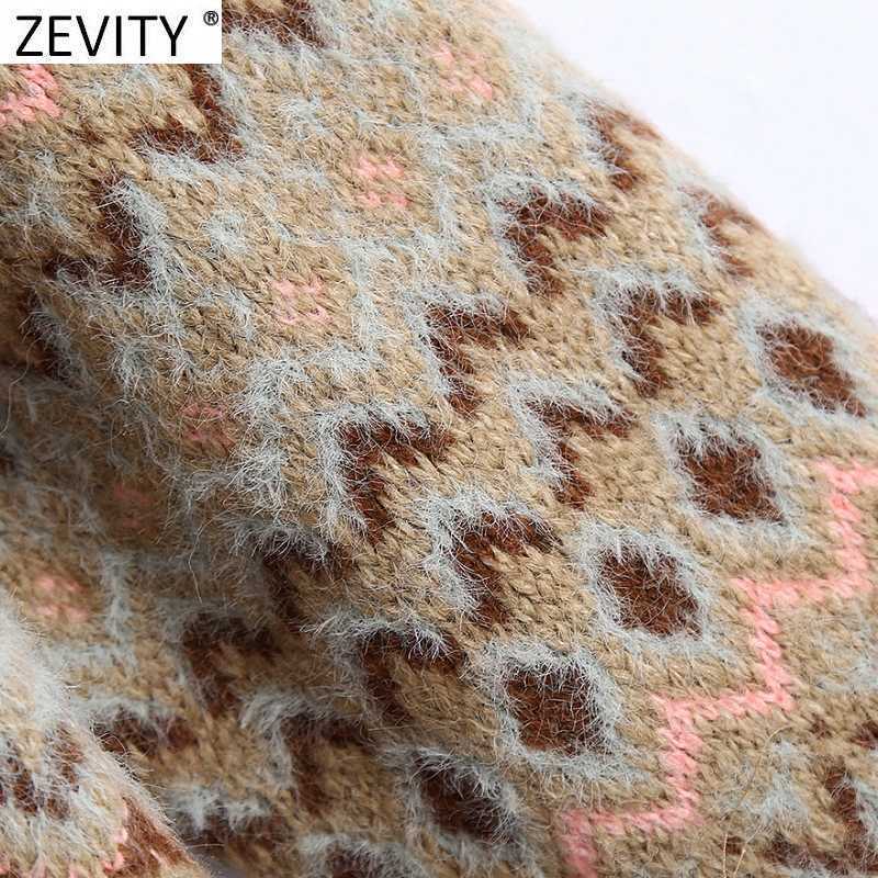 Zevity Women Vintage V Neck Long Sleeve Print Short Knitting Sweater Female Retro Patchwork Casual Chic Pullovers Tops S522 210603