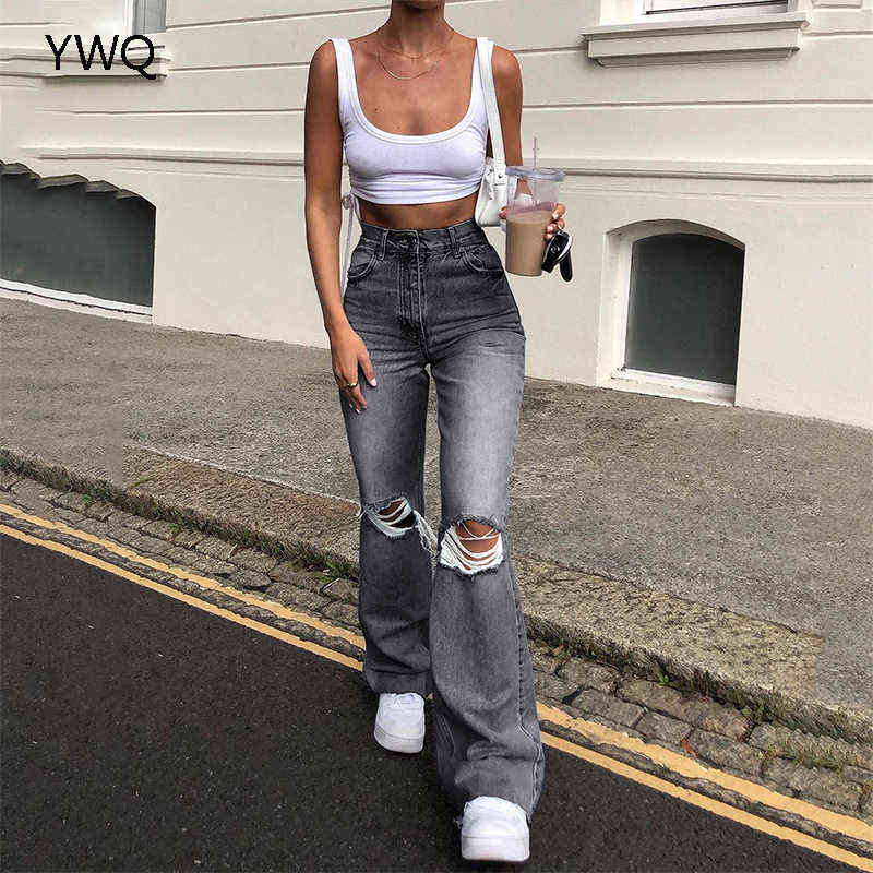 Y2k Hollow Out Women Bell Bottoms Ripped Jeans Mom High Waist Chic Flared Denim Pants Vintage Wide Leg Hole Trousers 6338 211129