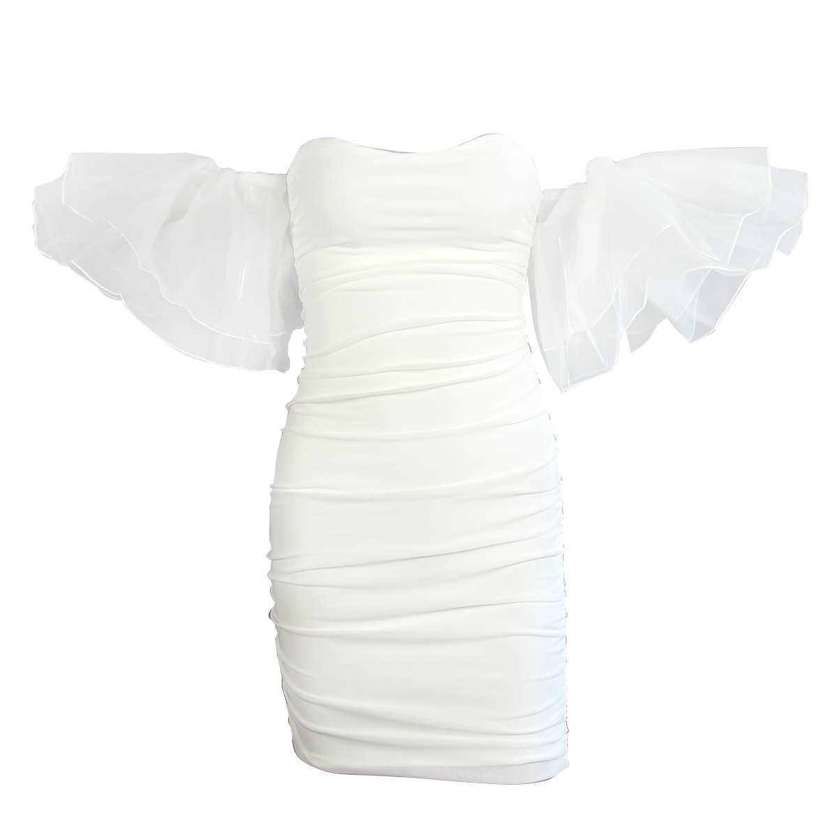 DEAT Spring Short Mesh Puff Sleeve Slash Neck Sexy Backless Slim Mini Dress Women MH572 210709