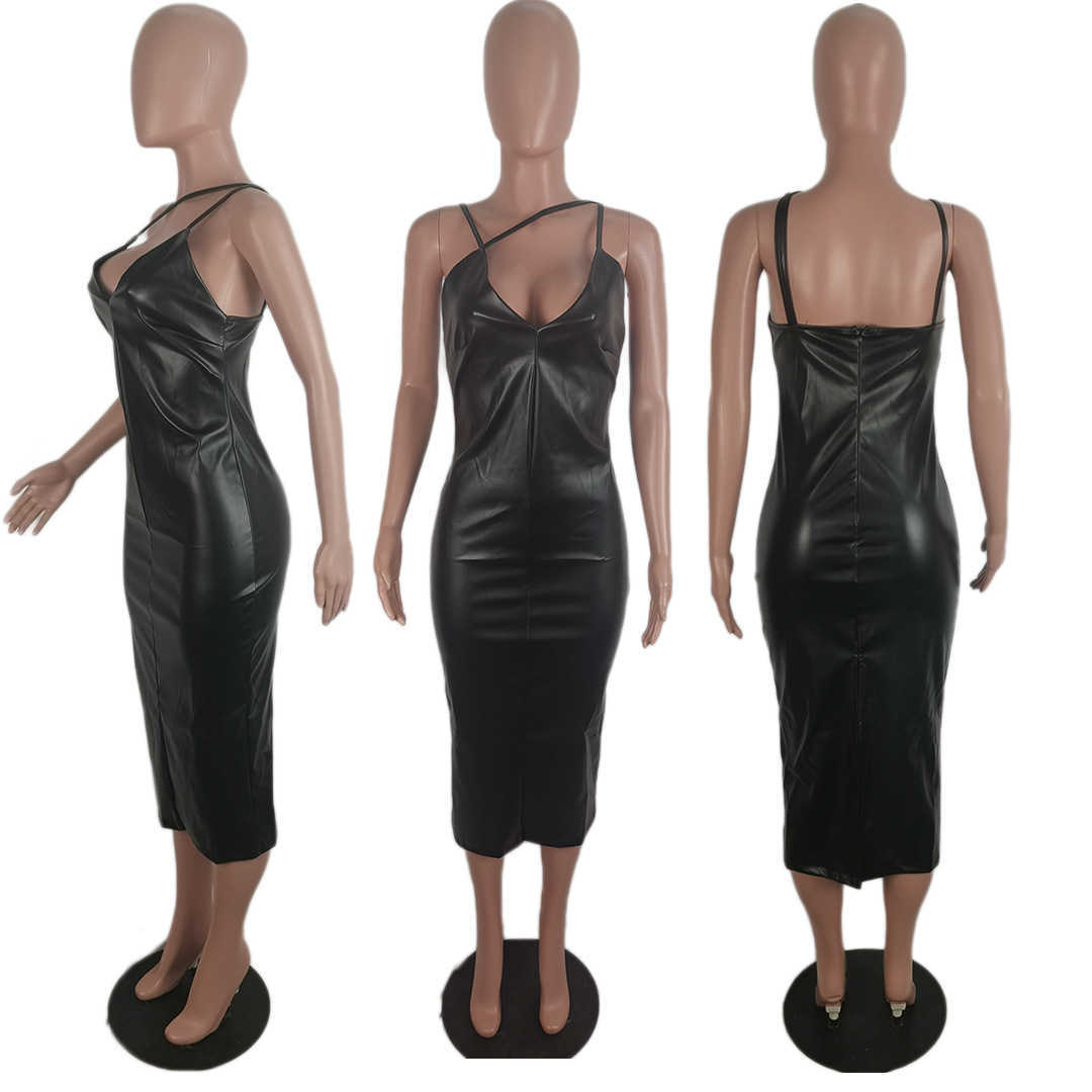 Women Sexy PU Leather Dress Elegant Bodycon Evening Party Midi Dress 210702